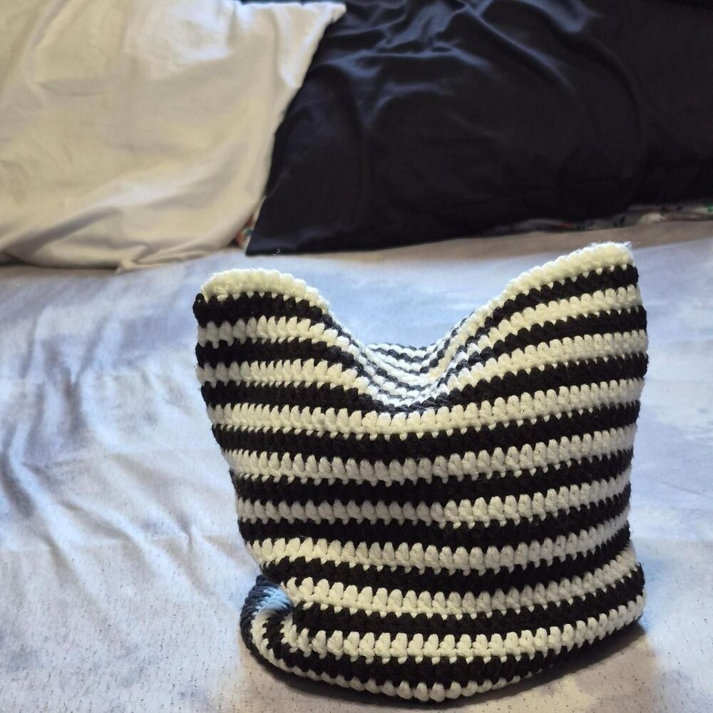 Crochet Women's black & white striped cat ear beanie- One size